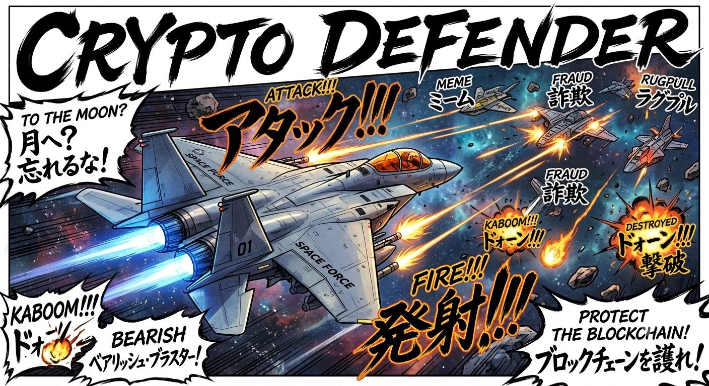 Crypto Defender gameplay banner — a fighter jet firing on enemy ships labeled Meme, Fraud, and Rugpull above a scrolling starfield