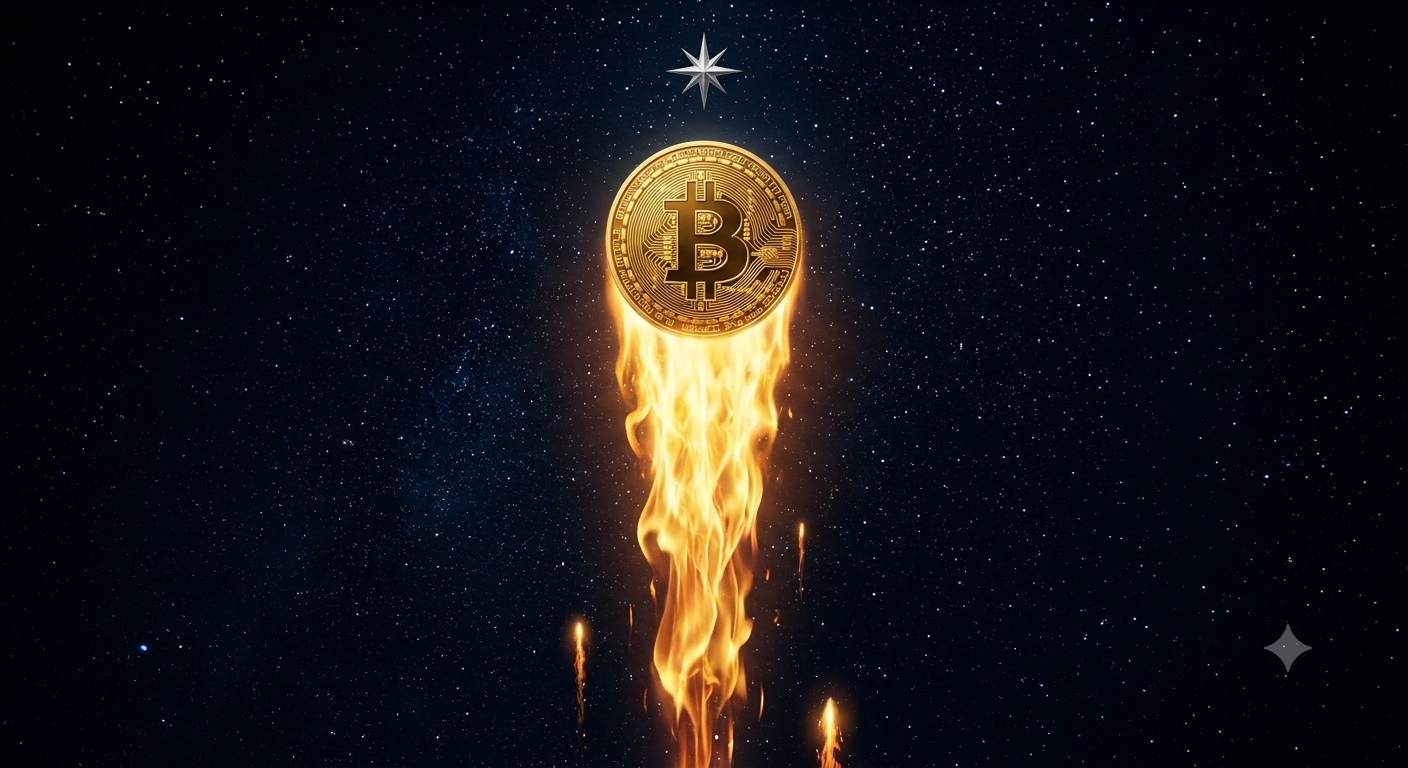 A glowing Bitcoin-themed projectile streaking upward like a rocket